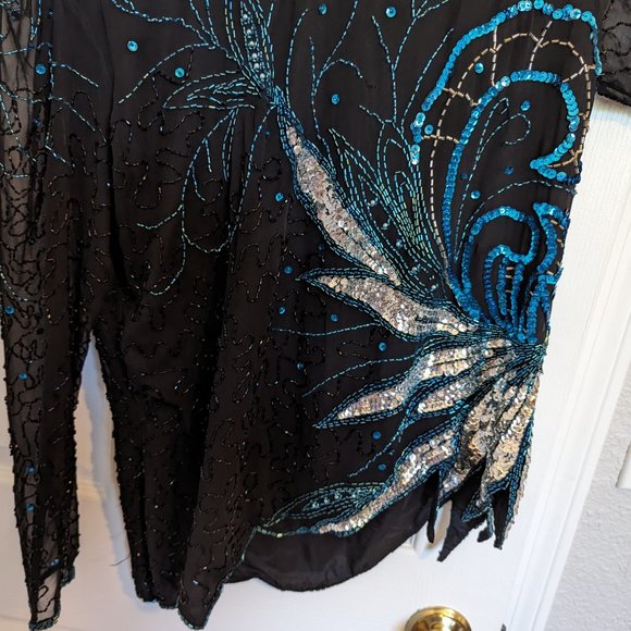 DAZZLING SILK | BEADED & SEQUIN | Vintage | Black Tie Top | L | EVC - Picture 6 of 11